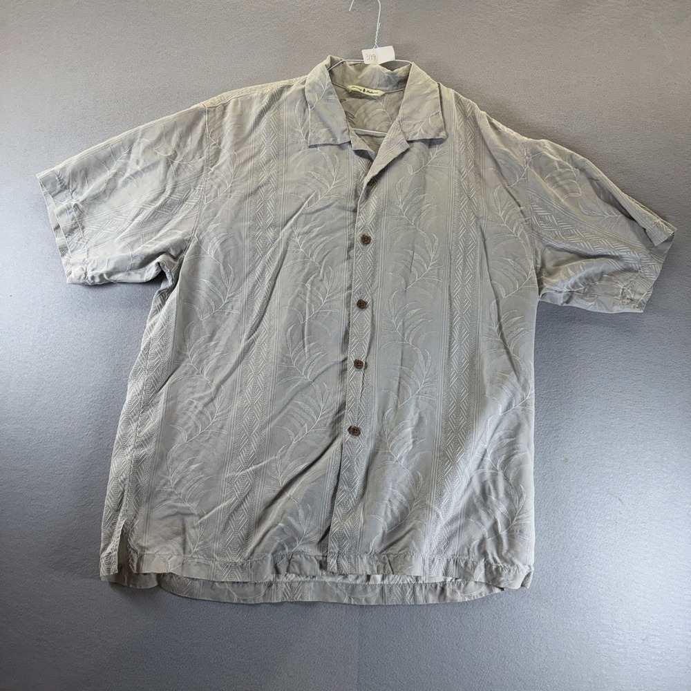 Tommy Bahama Mens Large Silk Camp Shirt Gray Tropical Palm Jacquard Short Sleeve